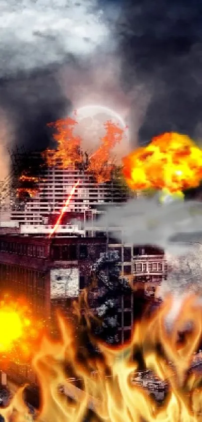 Explosive urban cityscape with fire and smoke dominating the sky.