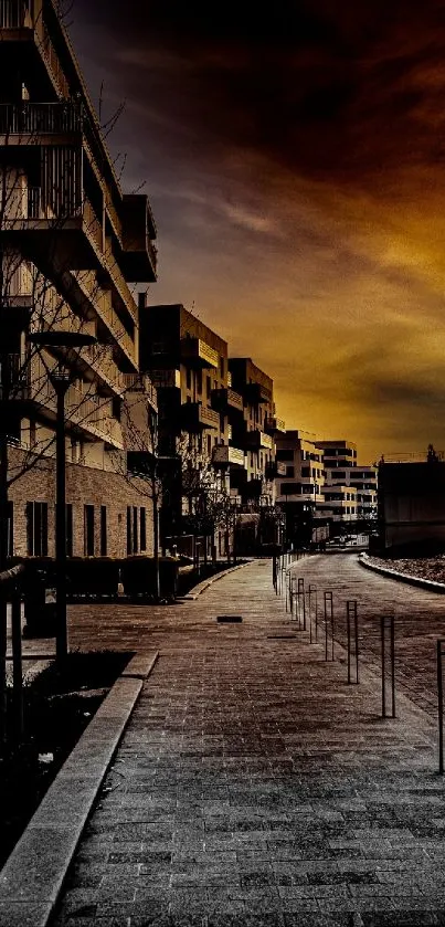 Urban sunset with modern buildings and a golden sky.