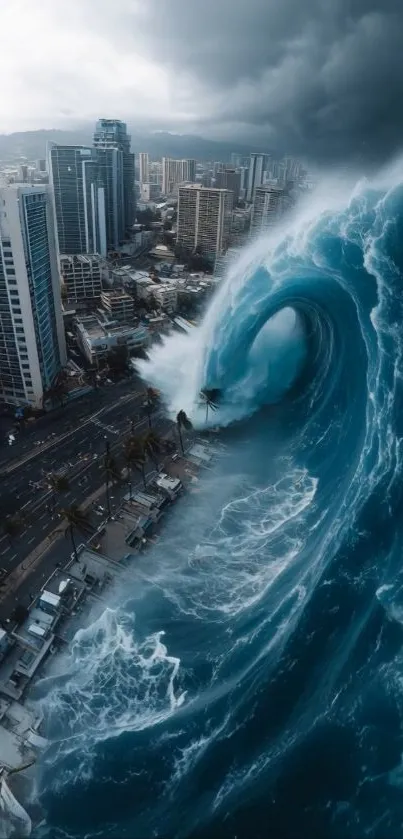 Massive tsunami wave hitting city buildings at coastline.