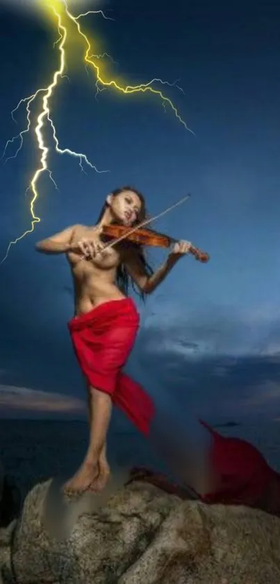 Violinist playing under dramatic lightning in the night sky wallpaper.