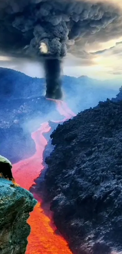 Stunning volcanic eruption with lava and smoke plume in a dramatic landscape.