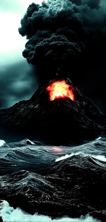 Mobile wallpaper of a dramatic volcano eruption with dark clouds and fiery lava.