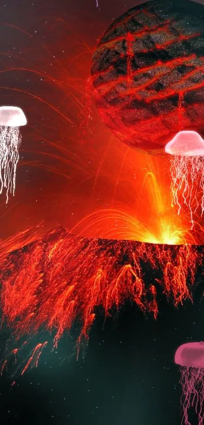Mobile wallpaper of a fiery volcanic eruption with a dramatic red and orange sky.