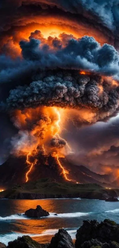 Volcanic eruption with fiery clouds over the ocean.