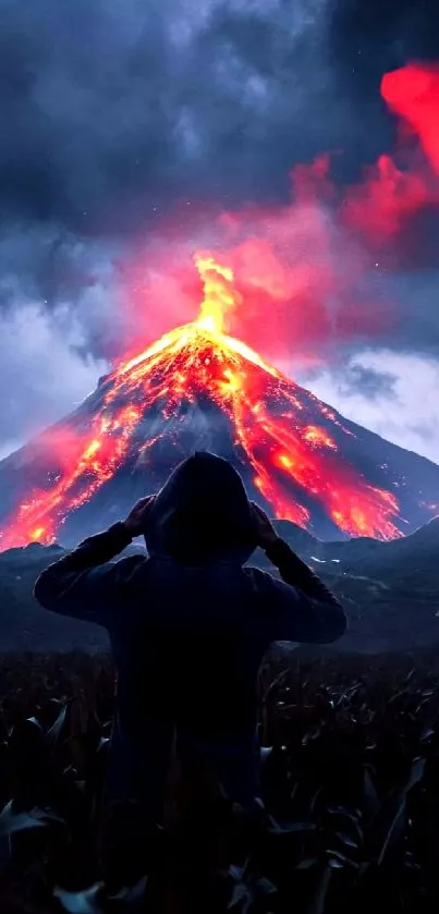 A person observes a fiery volcano eruption with glowing lava under a dusky sky.