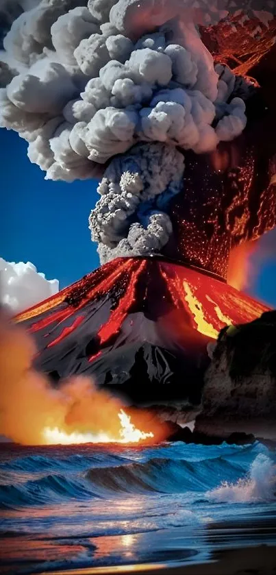Volcano erupting with lava and smoke near ocean.