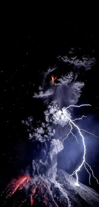 Dramatic lightning strikes over an erupting volcano at night.