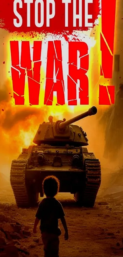 Child facing tank in dramatic anti-war wallpaper.