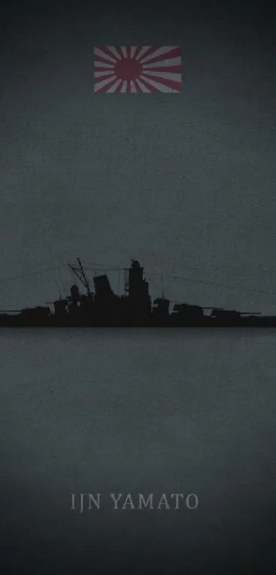 Silhouette of IJN Yamato battleship against dark background with rising sun flag.