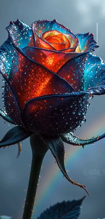 Dramatic rose with water droplets and rainbow background