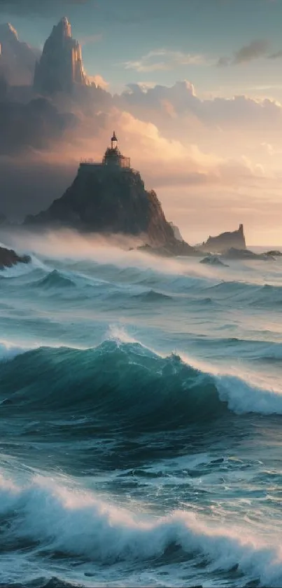 Dramatic waves and distant lighthouse under a moody sky.