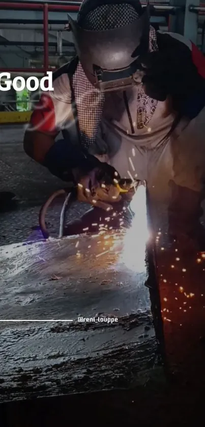 Welder creating sparks on a metallic surface, intense and focused.