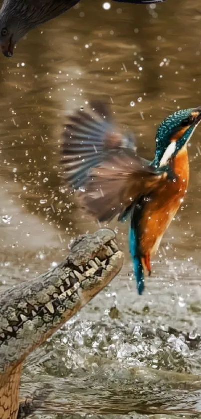 Bird escapes crocodile attack in dynamic wallpaper scene.