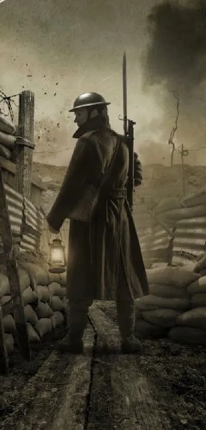 WWI soldier standing in trench at dusk.