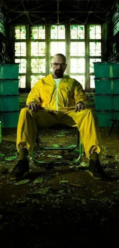 Person in yellow suit seated in industrial setting with cash stacks.