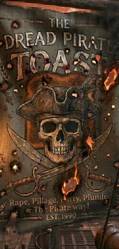Fiery pirate skull with crossed swords on dark background.