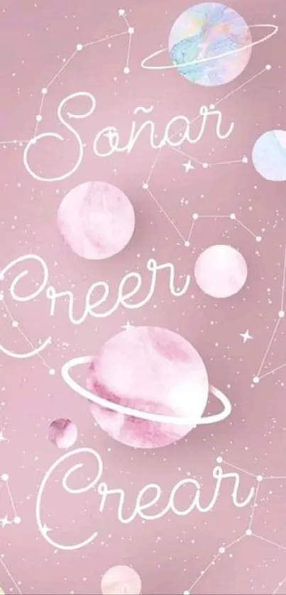 Pastel pink wallpaper with planets and inspirational text.