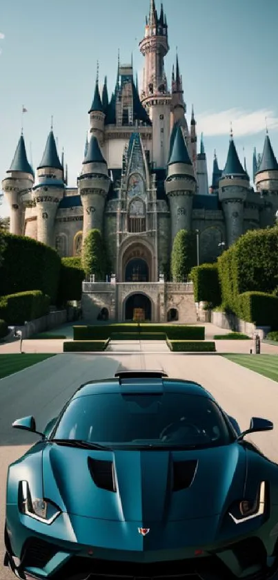 Sleek supercar in front of a majestic fairytale castle under a clear blue sky.