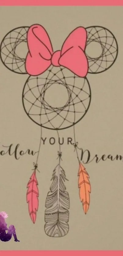 Beige dreamcatcher design with pink bow and colorful feathers.