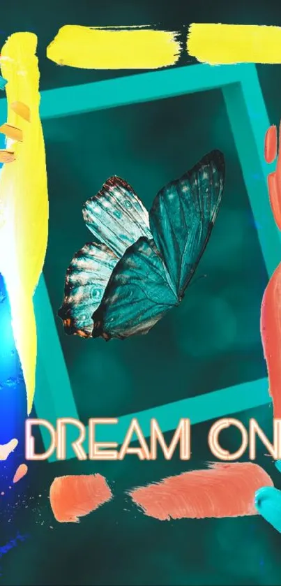 Teal butterfly on colorful abstract background.