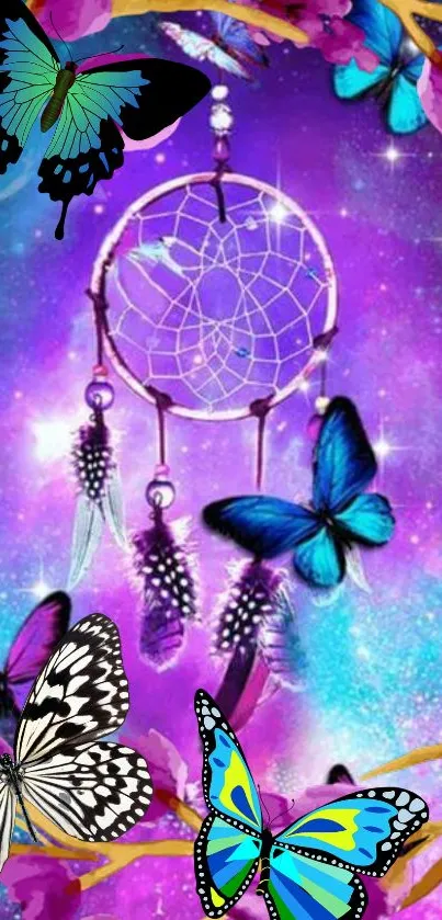 Colorful dreamcatcher and butterflies with galaxy background.