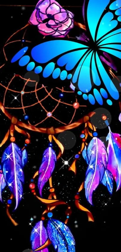 Dreamcatcher with butterfly, vibrant colors and night sky background.