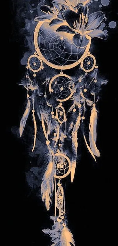 Dark floral dreamcatcher with feathers on a mobile wallpaper.