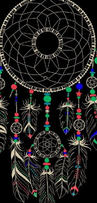 Colorful dreamcatcher design on black background wallpaper.