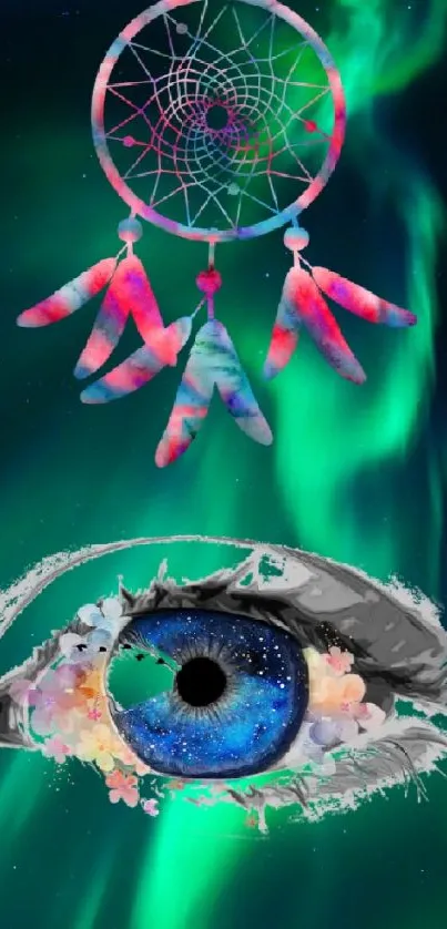 Dreamcatcher and cosmic eye on an aurora background wallpaper.