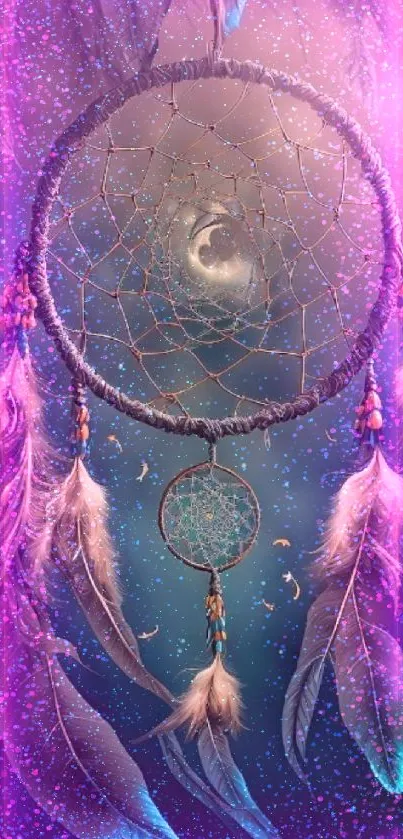 Dreamcatcher with feathers in mystical hues.