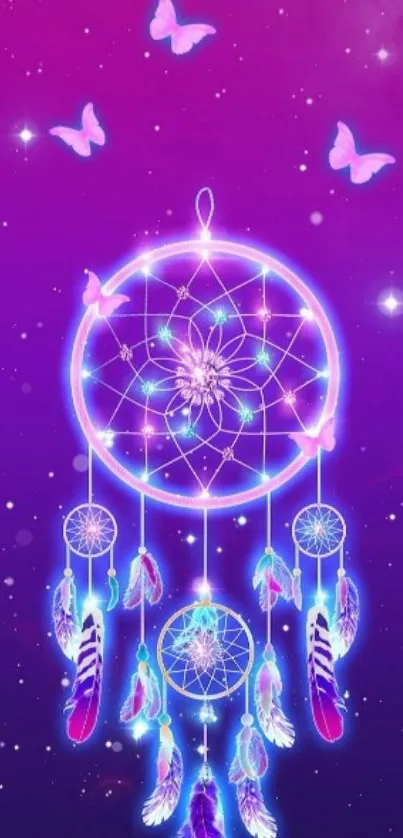 Purple neon dreamcatcher with butterflies.