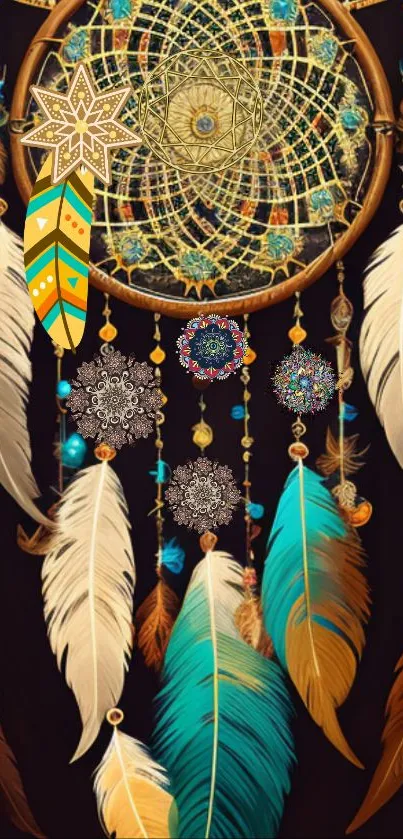 Dreamcatcher with colorful feathers and geometric design on a dark background.