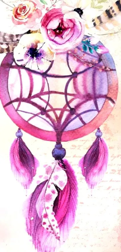 Dreamcatcher with pink feathers and floral accents, watercolor art.