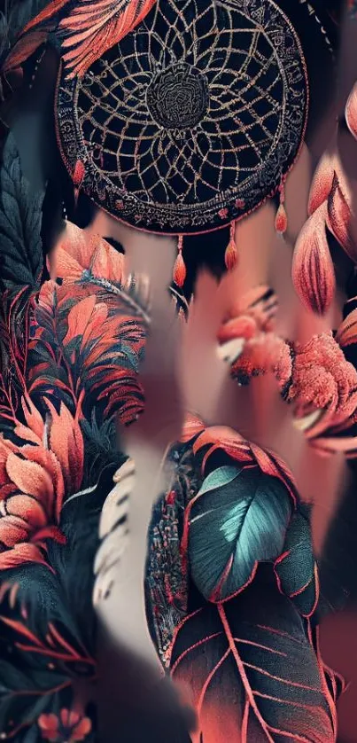 Floral dreamcatcher art on dark background wallpaper.