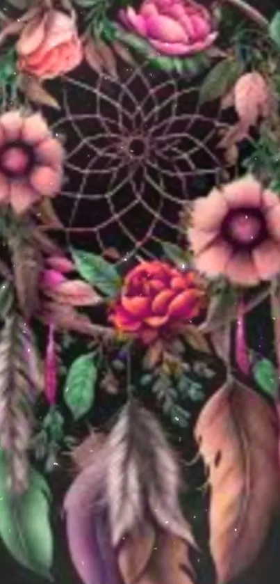 Dreamcatcher floral art with pink flowers and feathers on a black background.