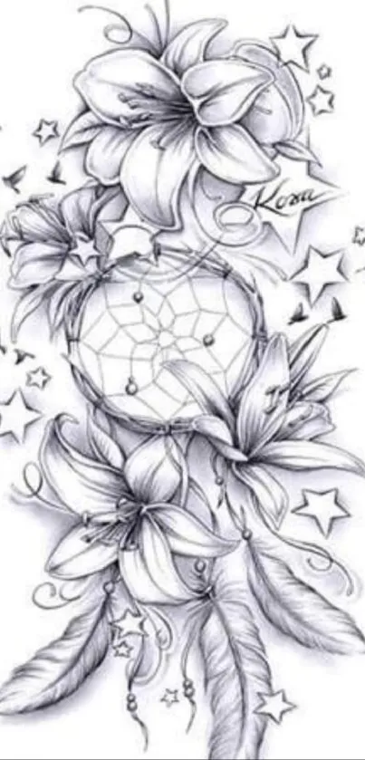 Black and white dreamcatcher floral art with lilies and stars.