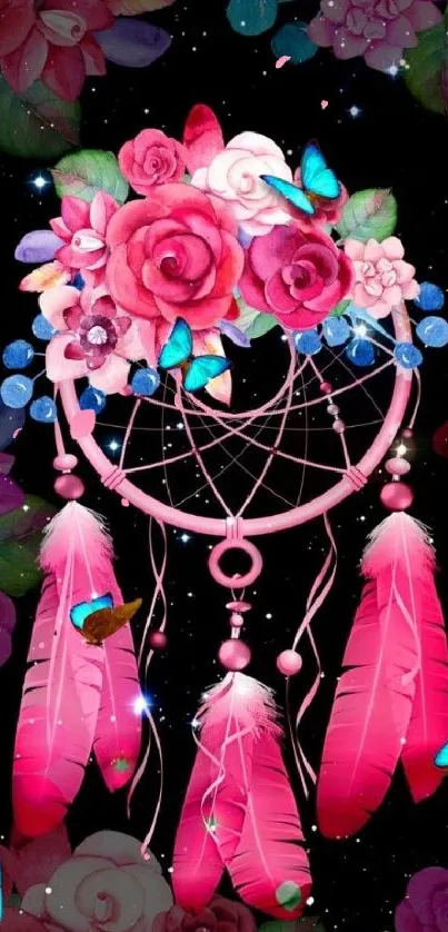 Dreamcatcher with pink feathers, flowers, and butterflies on a starry background.