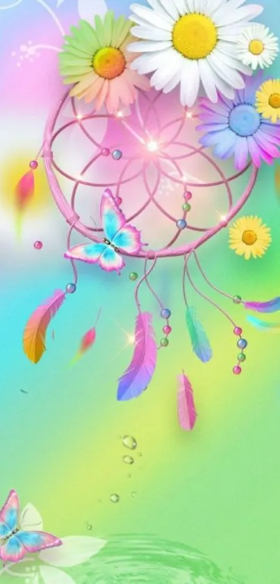 Colorful dreamcatcher with flowers and butterflies on a green background.