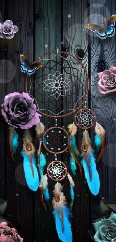 Dreamcatcher with floral and butterfly accents on a dark wood background.