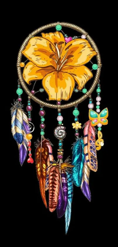 Colorful dreamcatcher with flower and feathers on black background.