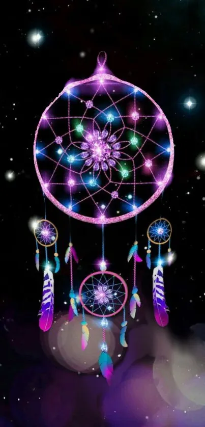 Purple dreamcatcher with celestial glow on a dark galaxy background.