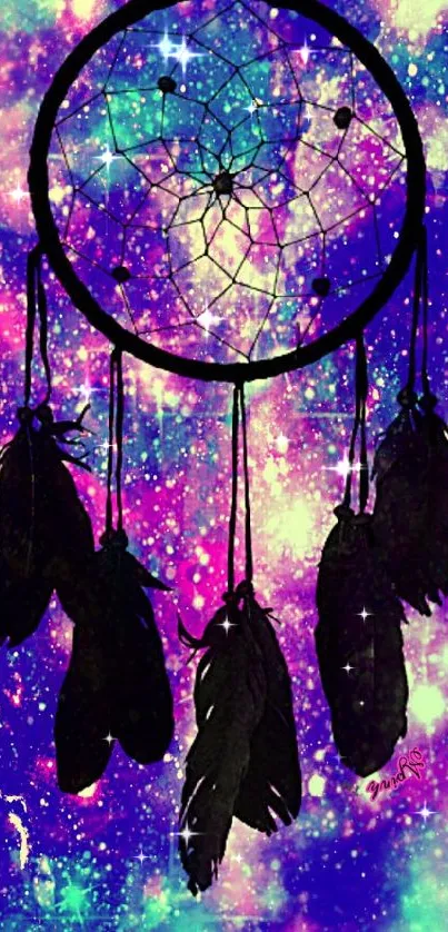 Colorful dreamcatcher with galaxy background on mobile wallpaper.