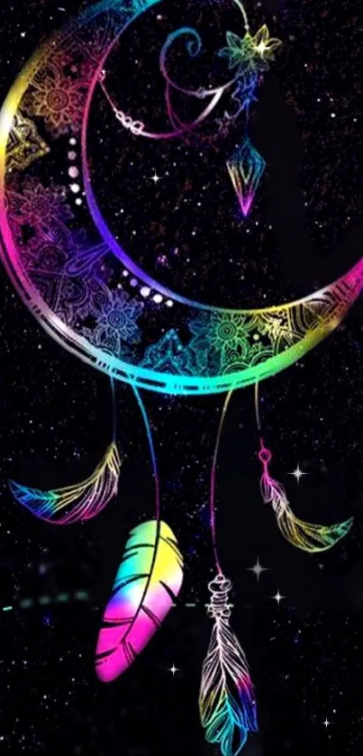 Colorful dreamcatcher with cosmic crescent moon on starry black background.