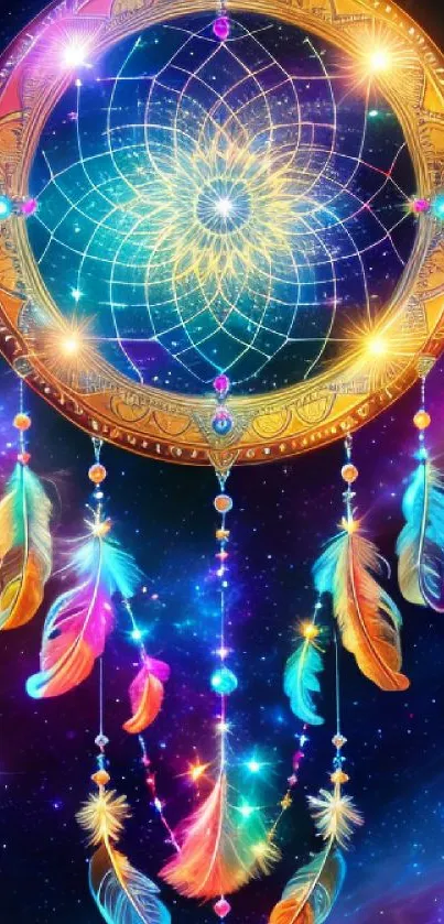 Colorful dreamcatcher with feathers on a galaxy background.