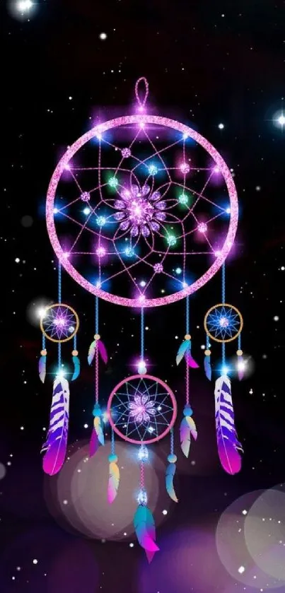 Vibrant galaxy dreamcatcher mobile wallpaper with colorful feathers.