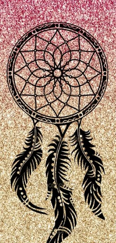 Black dreamcatcher on gold and pink glitter background wallpaper.