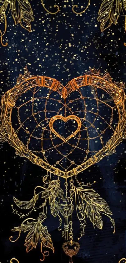 Heart-shaped dreamcatcher design on navy background.