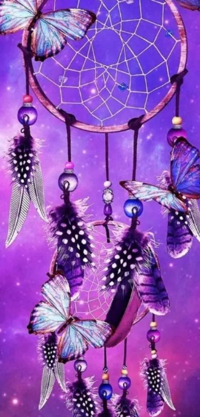 Purple dreamcatcher wallpaper with feathers and butterflies.