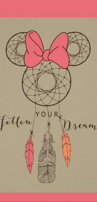 Dreamcatcher wallpaper with bow and feathers saying 'Follow Your Dreams'.