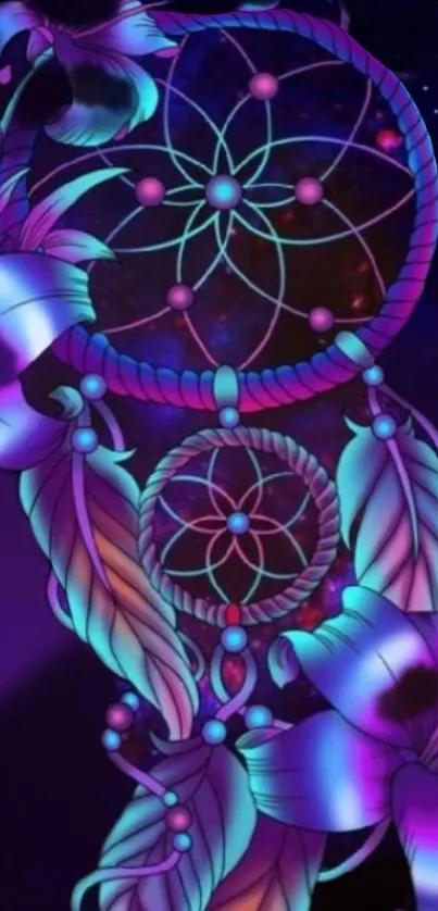 Neon dreamcatcher with glowing flowers on a deep purple background.